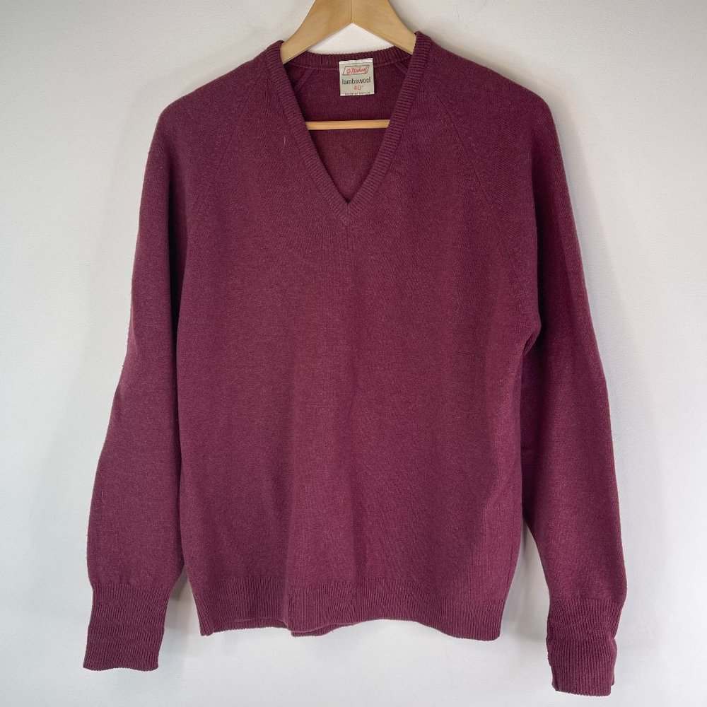 ST. MICHAEL Mens 100% Lambs Wool Burgundy V Neck Sweater 40" Size M-L
